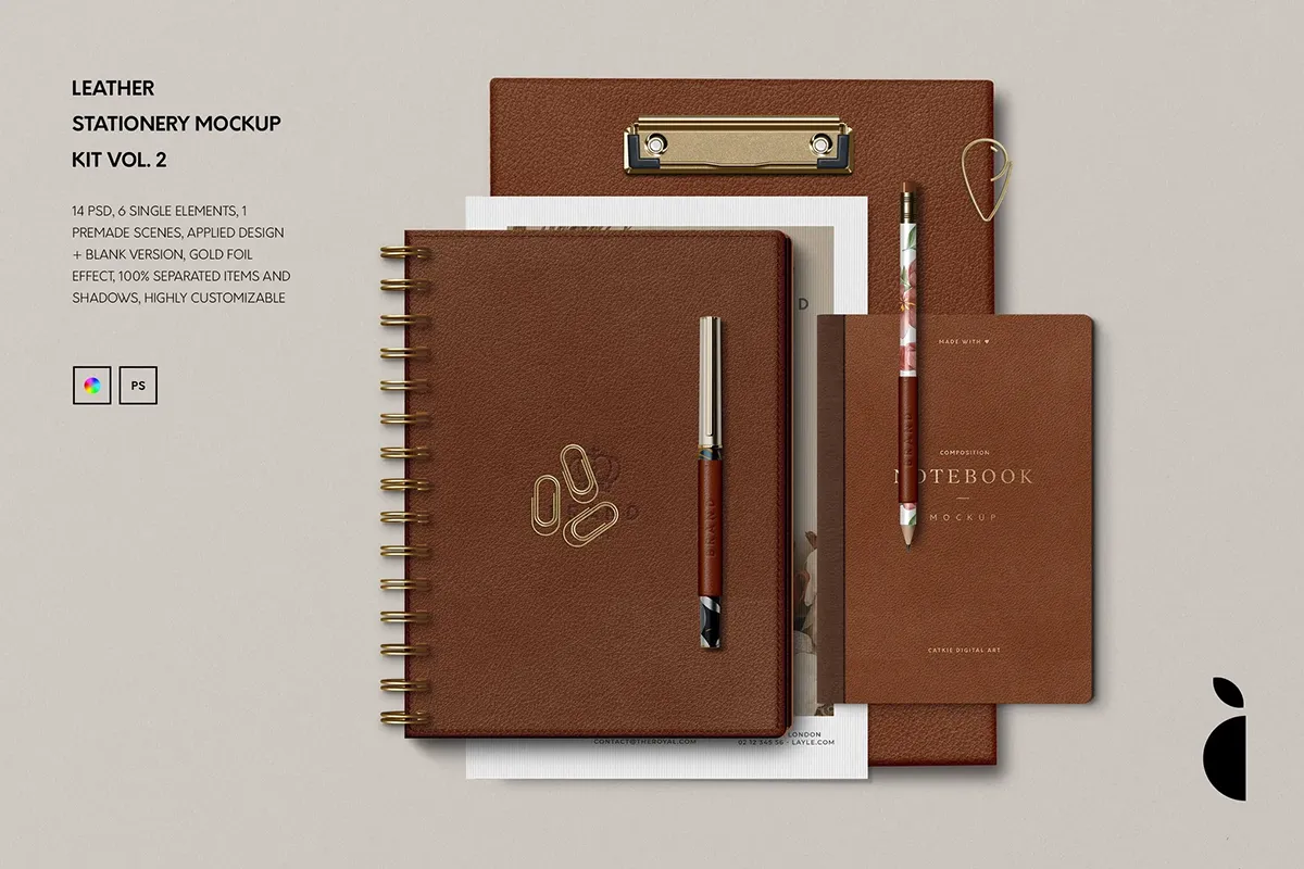 皮革笔记簿铅笔钢笔文具套装模型品牌标识印花图设计贴图ps样机素材模板 Leather Stationery Mockup Kit VOL. 2