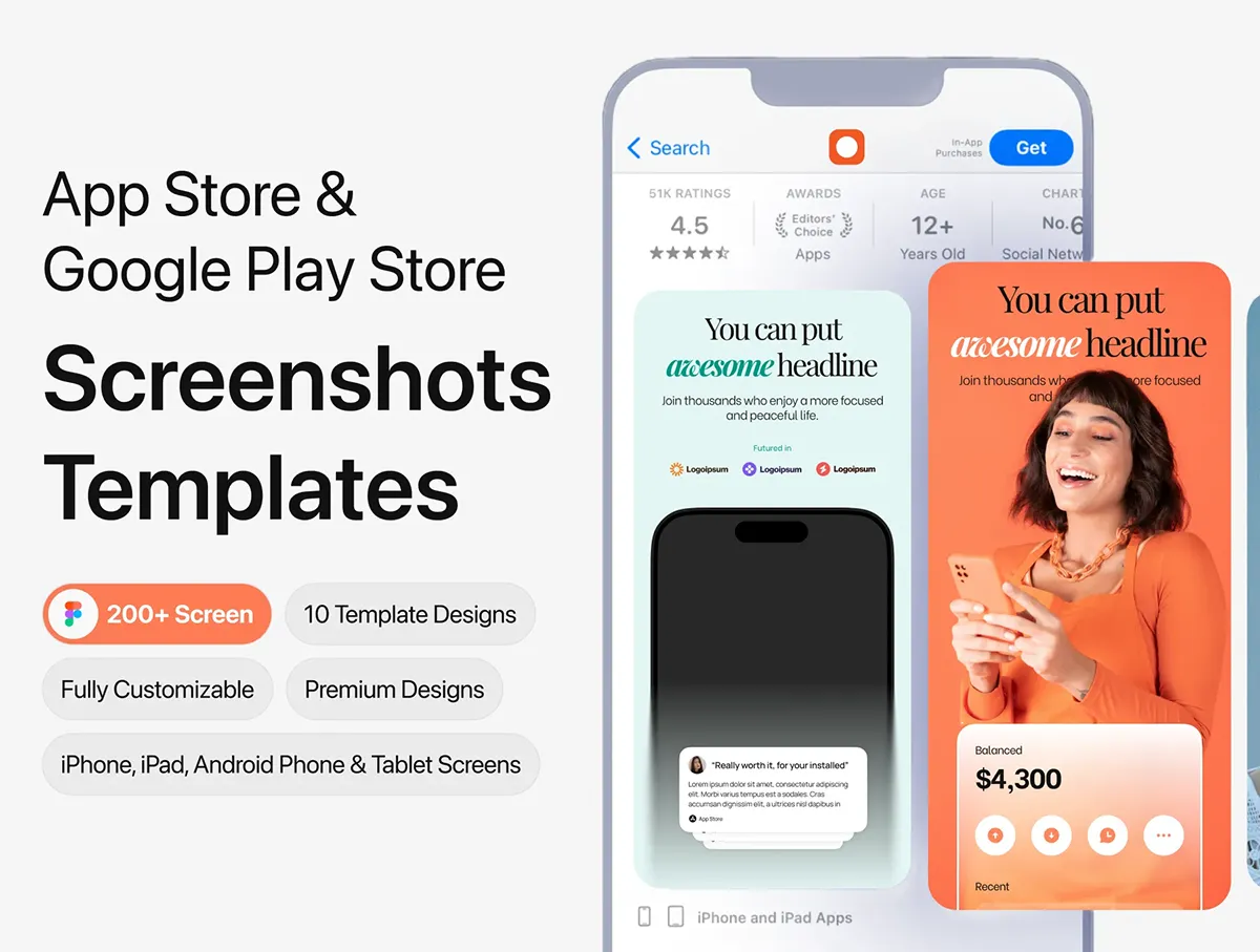 10套App Store苹果应用商店上架图发布预览介绍展示fig设计模板 Finance App Premium Screenshots Template