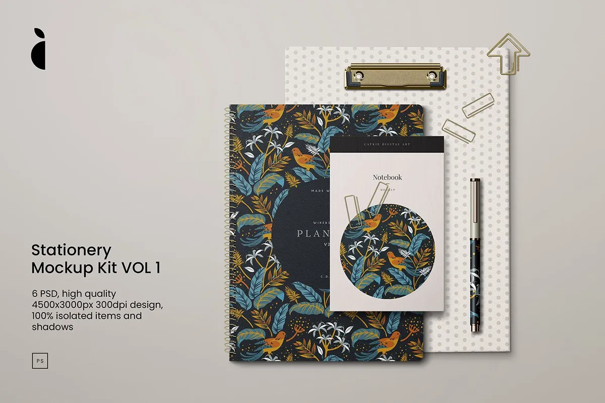 5款圈装记事本剪贴簿钢笔文具模型品牌包装设计贴图ps样机素材模板 Stationery Mockup Kit VOL1