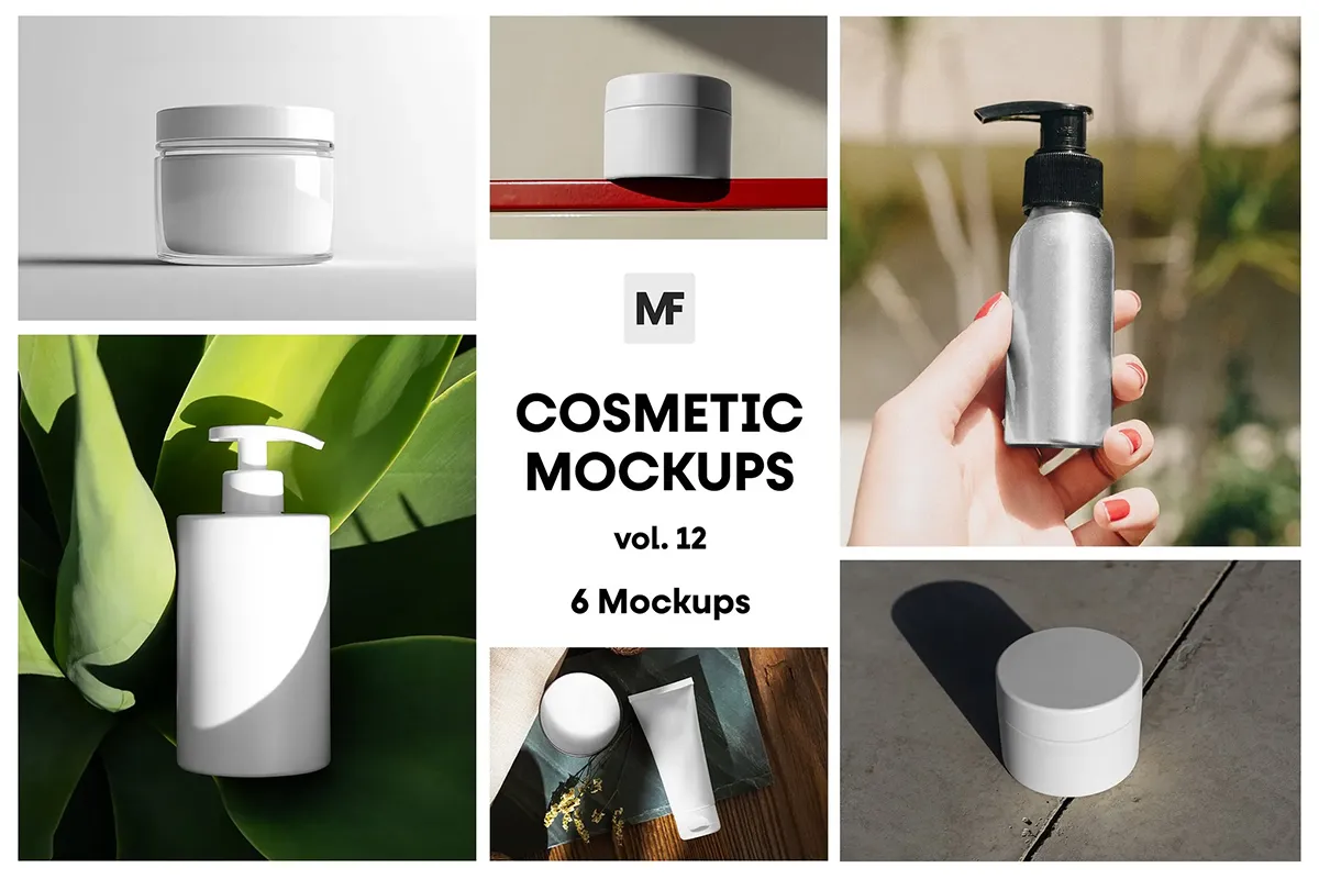 6款化妆品瓶罐模型品牌包装设计贴图ps样机素材模板 Cosmetic Packaging Mockups vol 12