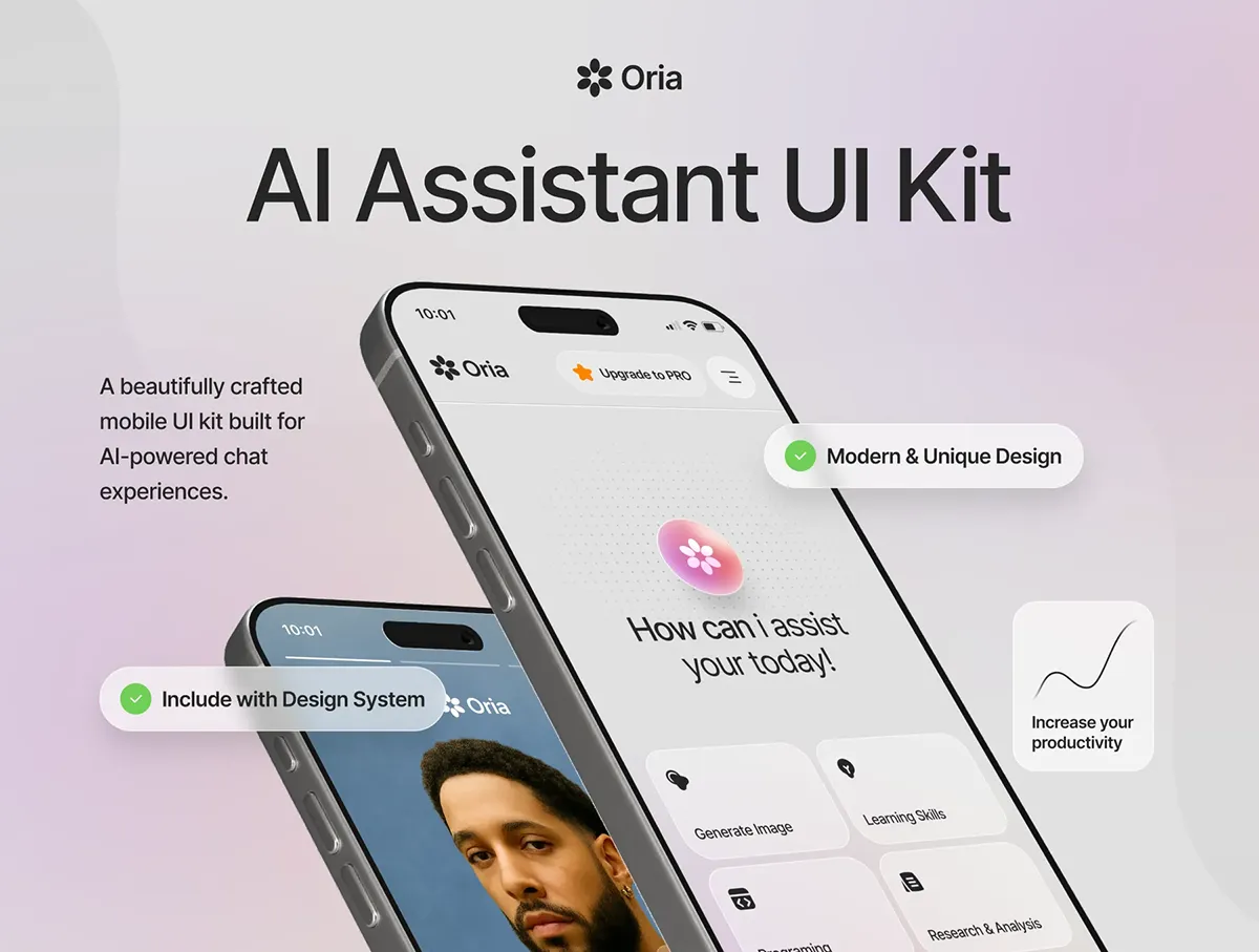 25屏时尚简约AI人工智能语音助手聊天对话交互App应用UI界面模板 Oria – AI Assistant UI Kit