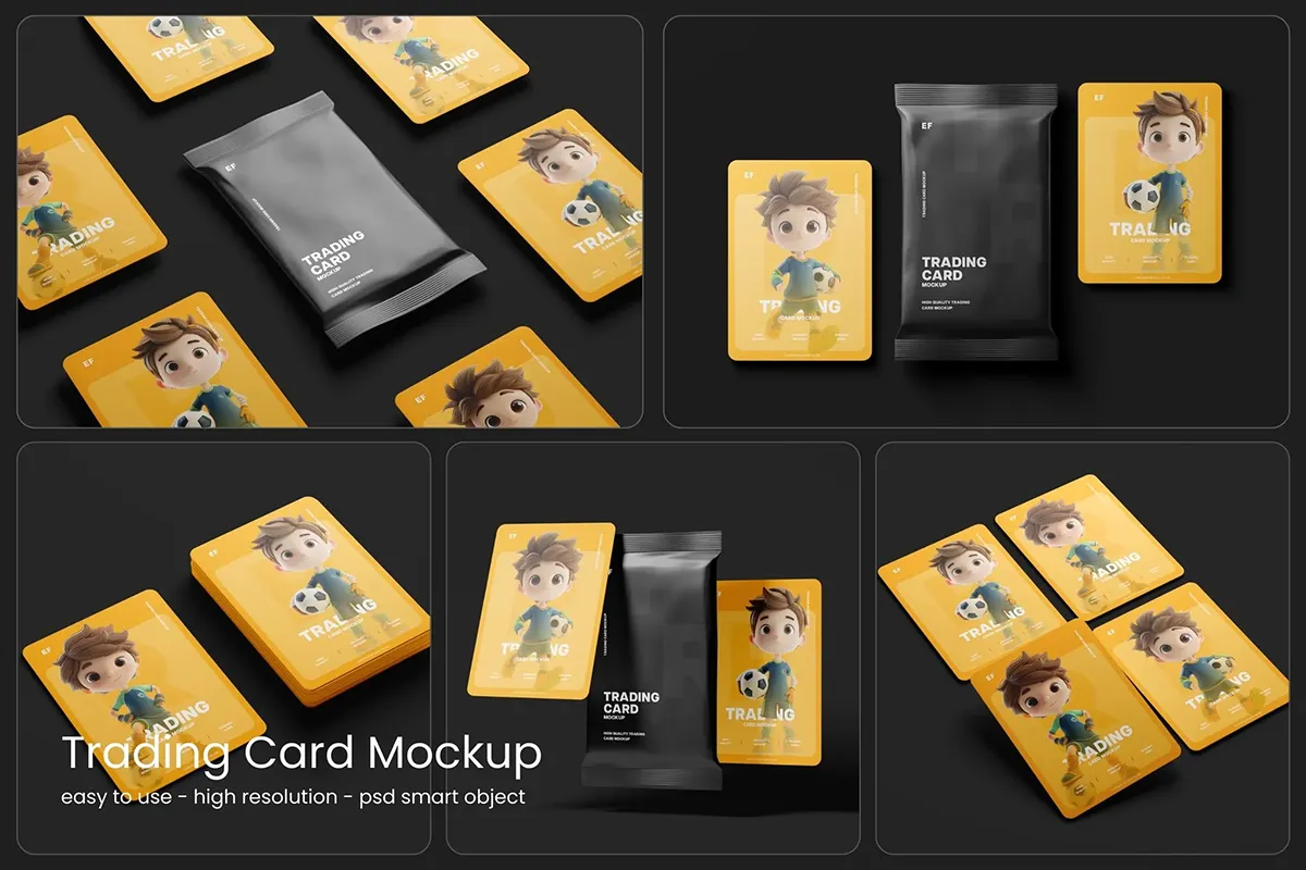 5款游戏卡片模型品牌包装设计贴图ps样机素材模板 Trading Cards Mockup Set