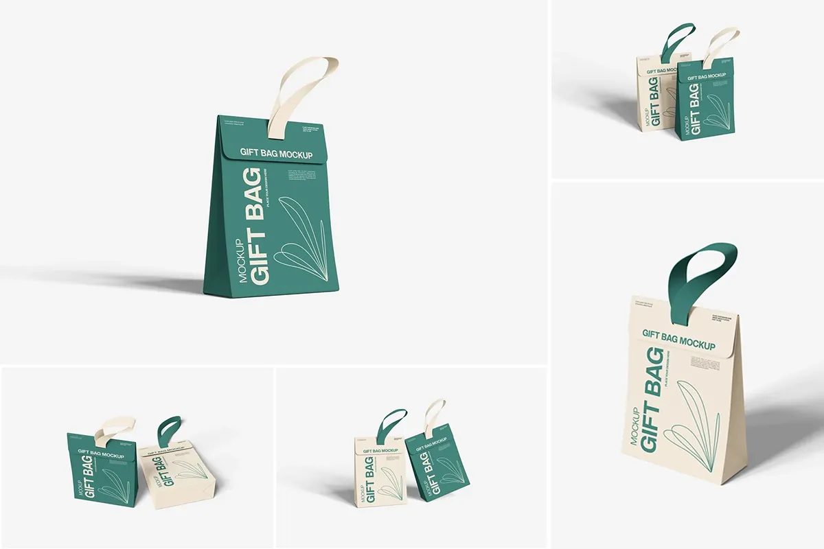 5款时尚手拎式礼品包装纸袋模型品牌标识设计贴图ps样机素材模板 Gift Bag Mockup
