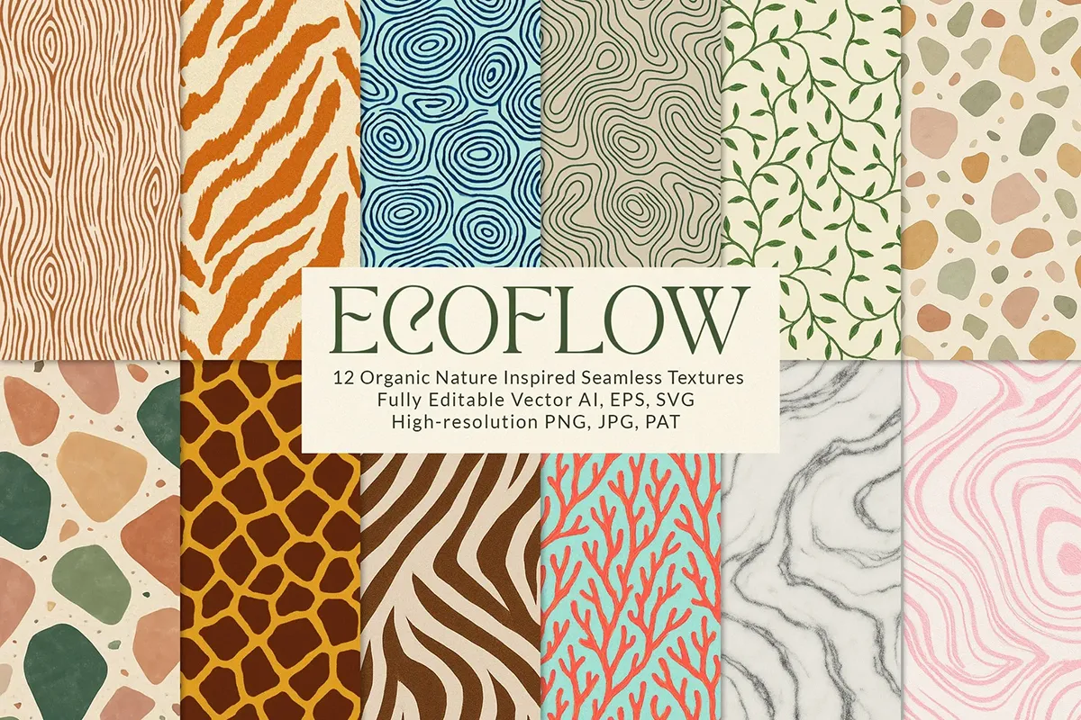 12种自然有机生态动植物纹理无缝图案图片矢量设计素材 Eco Flow 12 Natural Organic Seamless Patterns