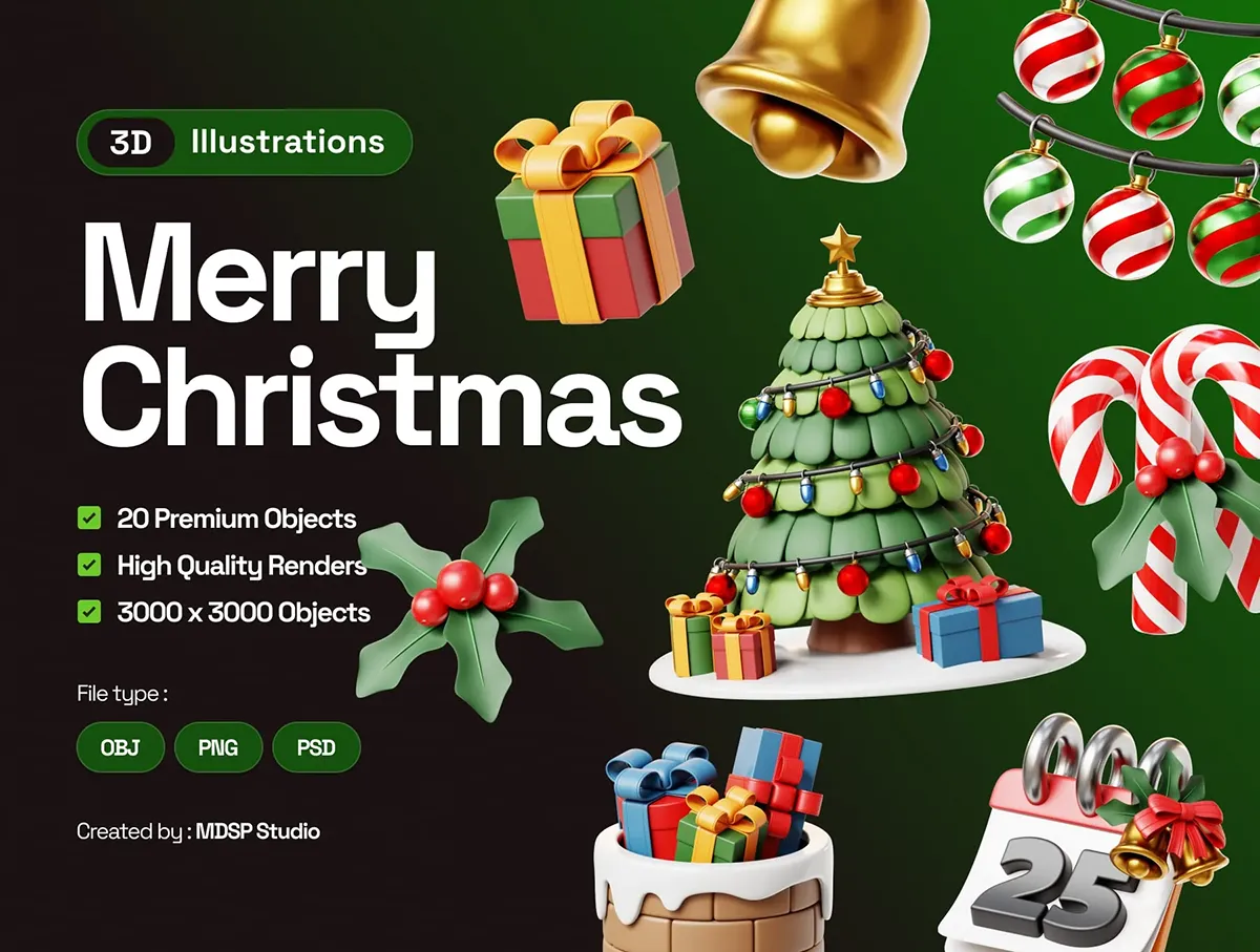 20款3D卡通圣诞节装饰节日节庆元素png图标icon设计素材 Merry Christmas 3D Illustrations