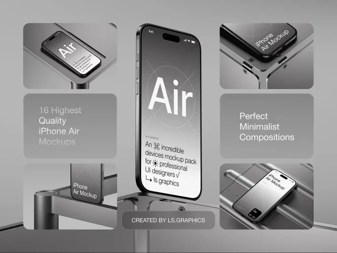 16款极简金属工业风苹果iPhone Air手机广告UI设计展示效果图ps样机 AH-Mockups iPhone Air