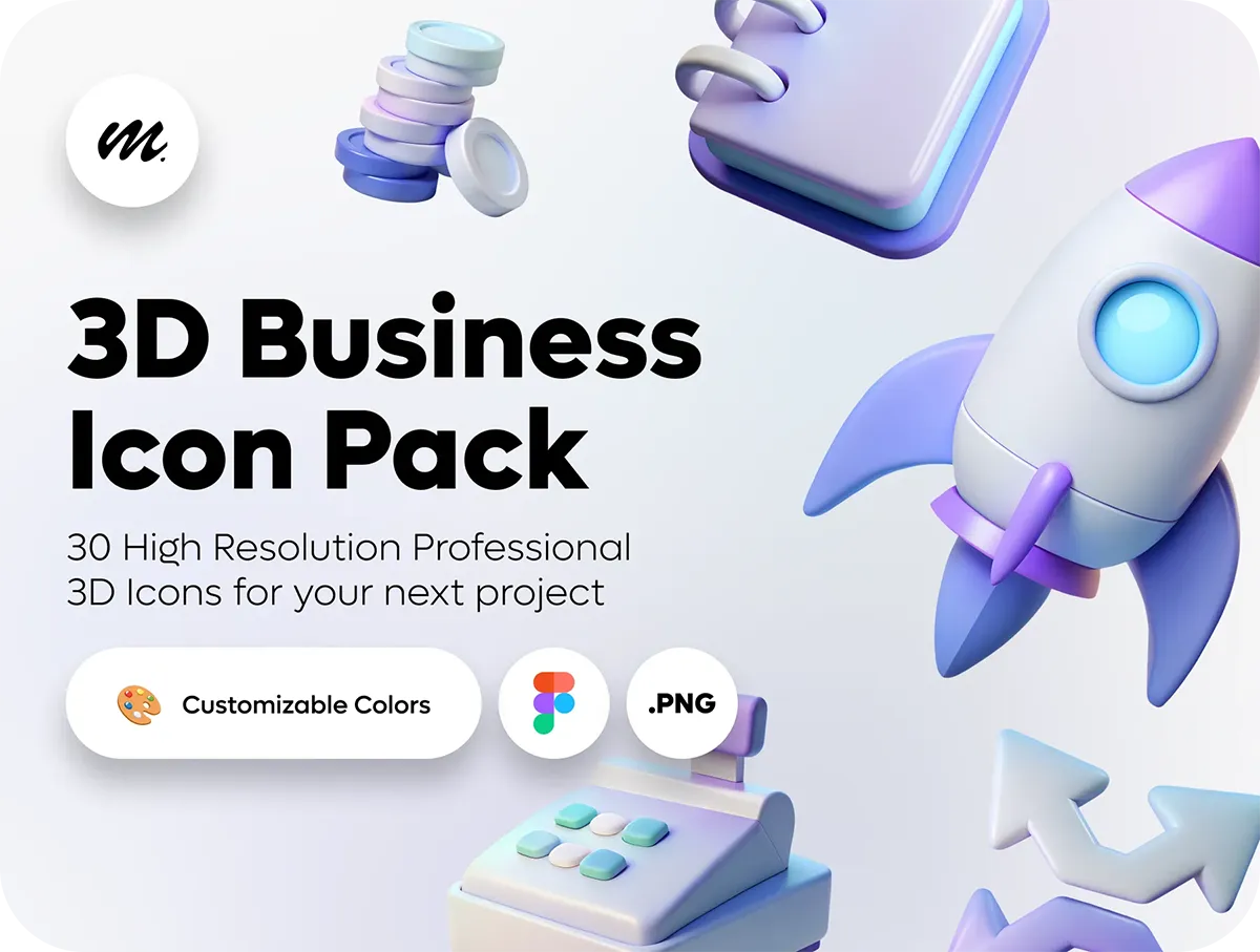 30款3D立体时尚科技金融商业电子商务icon图标png免抠图片素材 30 3D Business Icon Pack