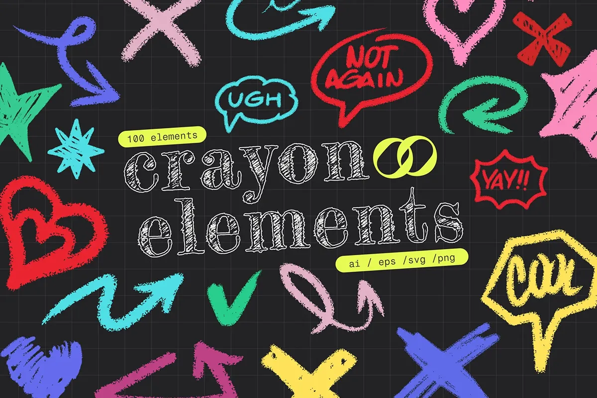 100款蜡笔手绘涂鸦趣味装饰元素插图插画矢量设计素材 Crayon Elements Vector Set
