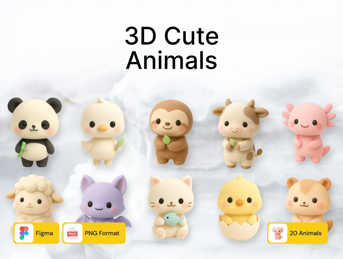 20款可爱趣味卡通3D立体动物宠物儿童插图插画png免抠图片素材 3D Cute Character Animals (20) x 5 Angles