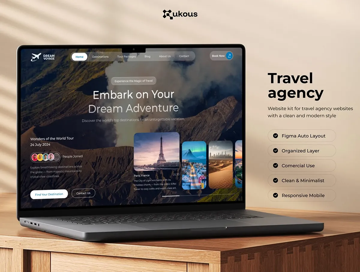 旅行社网站官网营销展示落地页web用户界面设计ui套件模板 Dream Voyage – Travel Agency Website UI KIT
