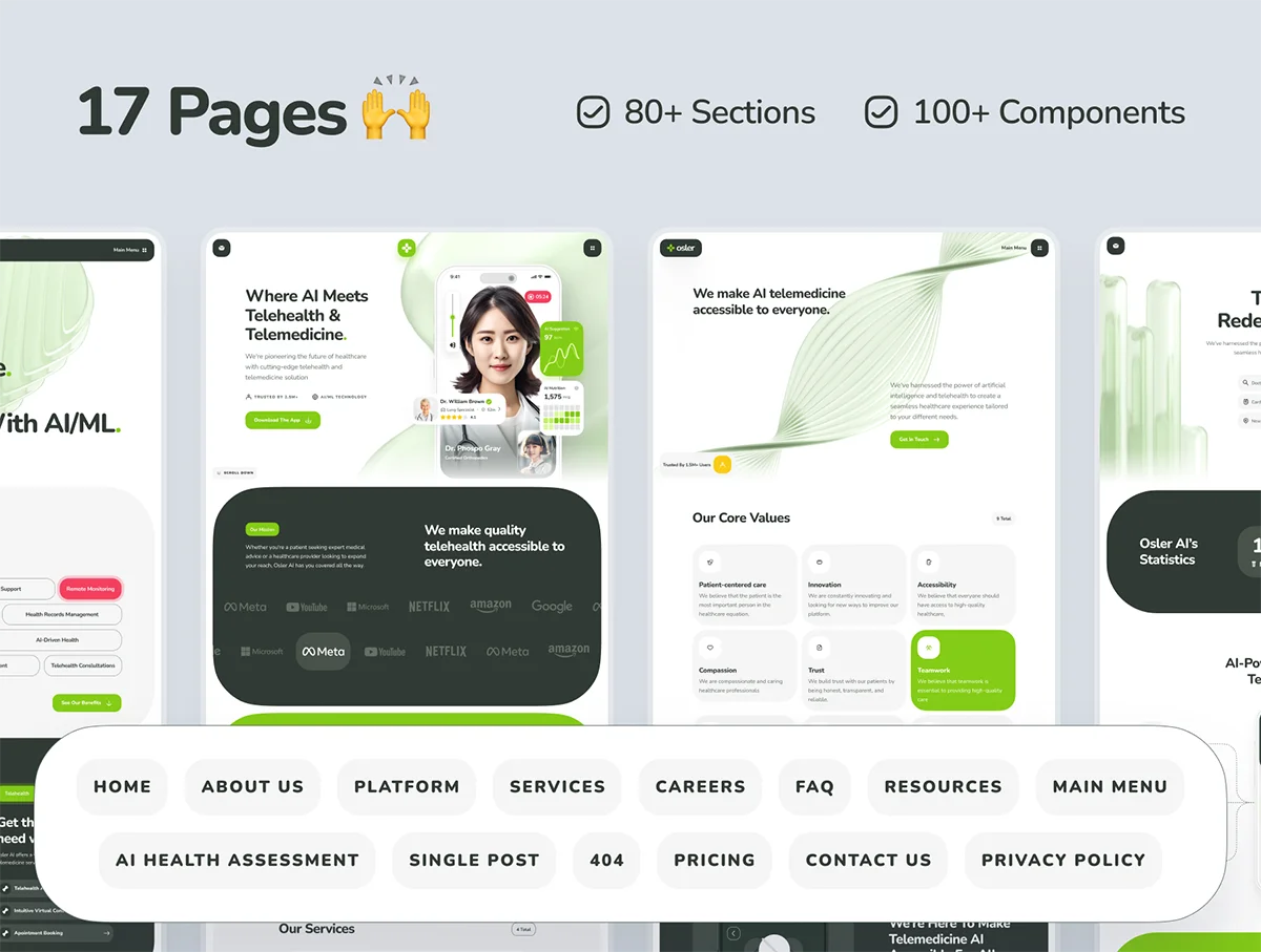 人工智能Ai远程在线医疗问诊响应式用户界面设计UI套件 osler AI Telehealth & Telemedicine Website
