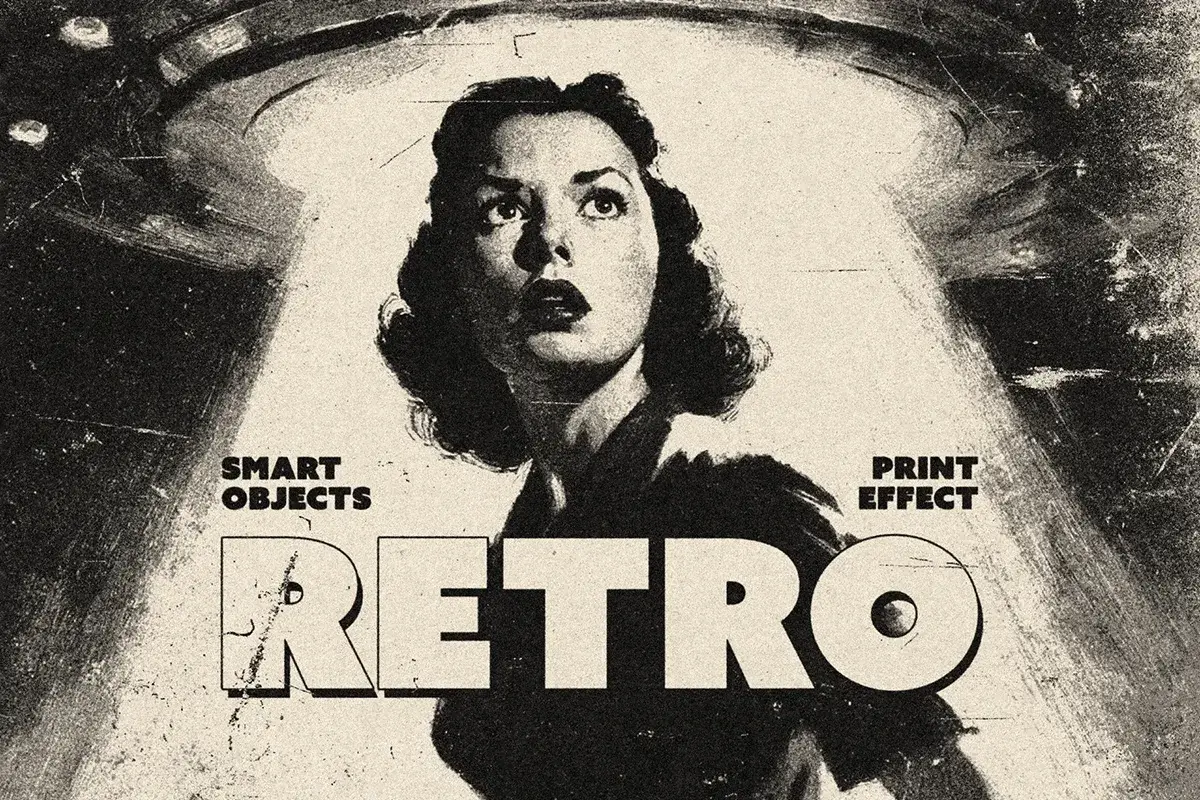 潮流复古黑白单色粗糙做旧油墨印刷动漫手绘插画后期ps特效样机 Retro Grunge Print Effect