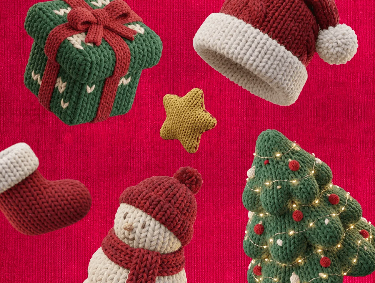 15 个高级针织的 3D 圣诞图标 Cozy Knitted Christmas 3D Icons