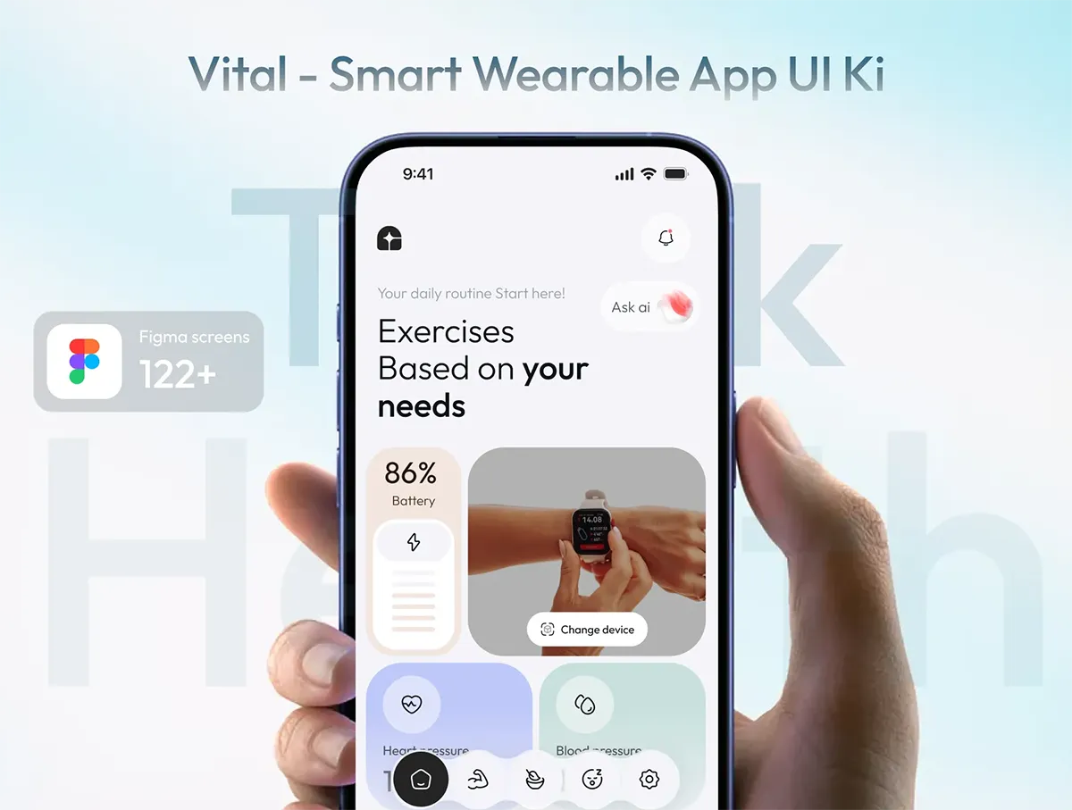 智能穿戴伴侣应用 UI 套件(健康+睡眠+活动+人工智能) VITAL- Smart Wearable Companion App UI Kit (Health + Sleep + Activity + AI)