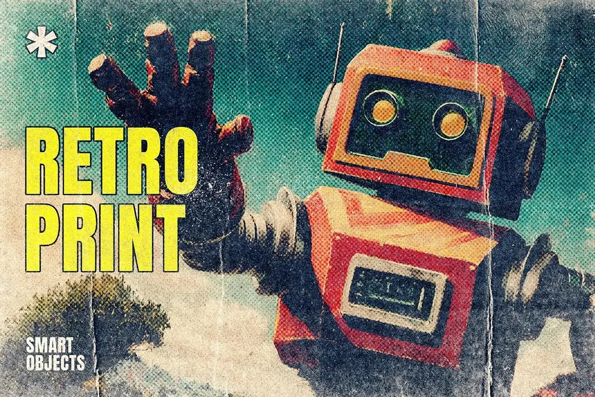 潮流复古做旧折痕低保真半调印刷粗糙肌理插画海报后期ps特效样机 Grunge Retro Print Effect