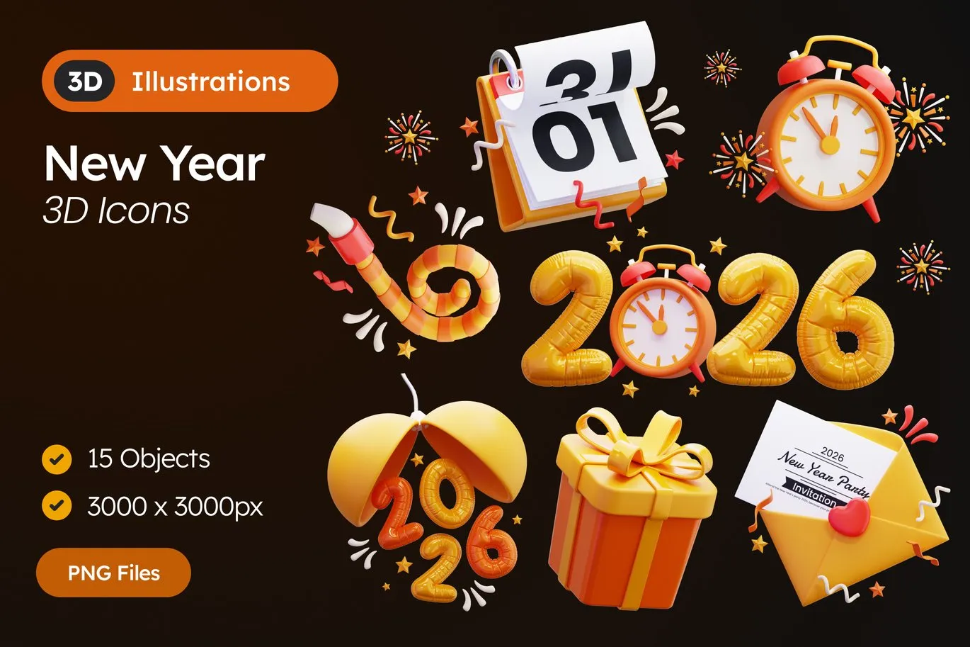 15个2026新年装饰3D图标png免抠图icon素材 New Year 3D Icons