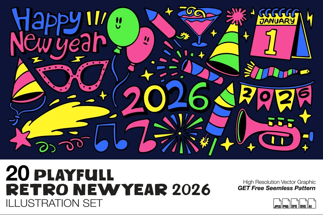 20个手绘卡通2026新年插图插画图标集 Playfull Retro New Year 2026 Illustration Set