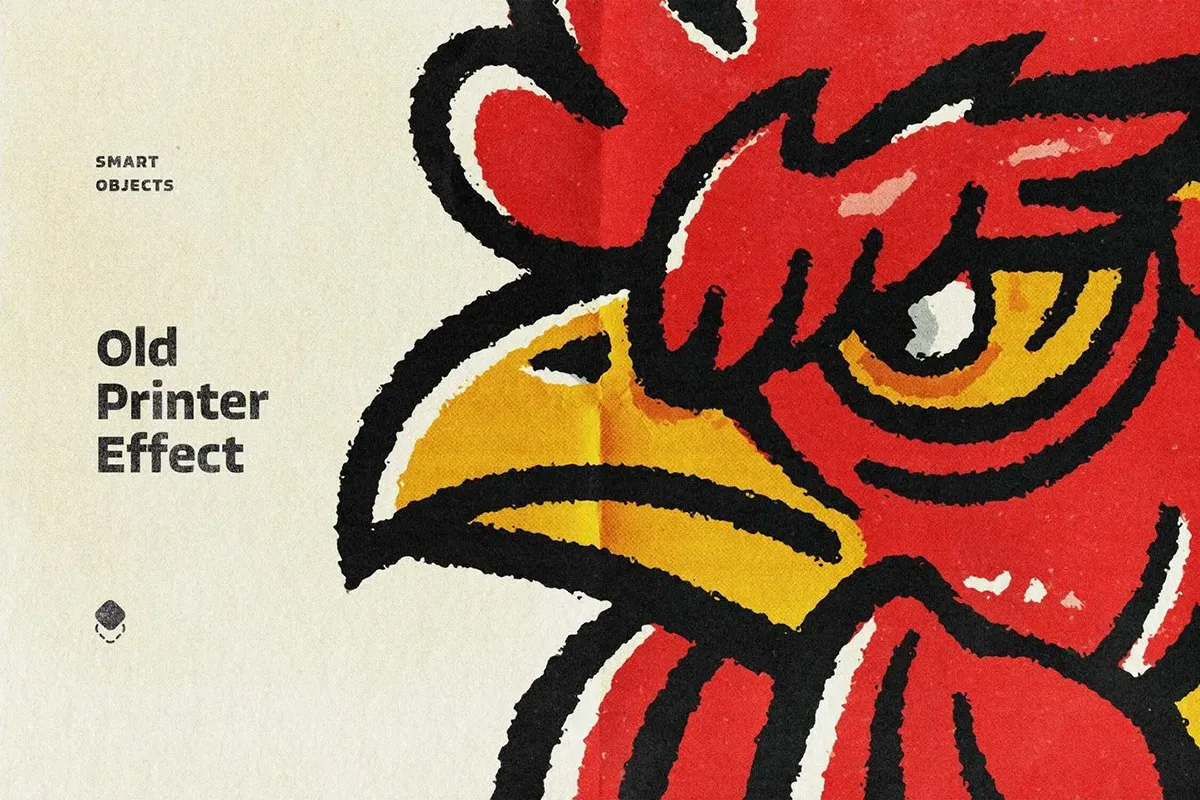潮流复古做旧渗色低保真打印机粗糙肌理漫画插图后期ps特效样机 Old Printer Design Effect