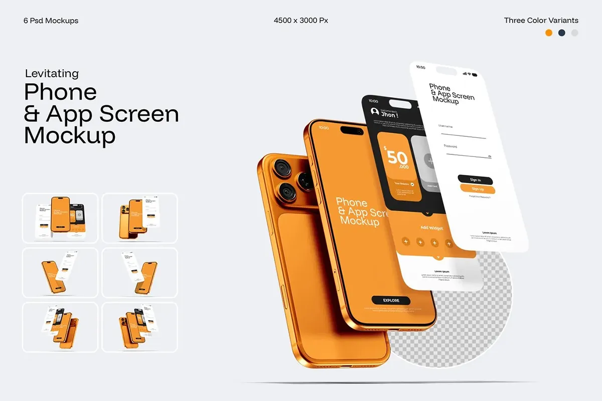 6款iPhone17手机App应用UI界面设计作品立体展示效果图ps样机素材 Levitating Phone With App Screen Mockup