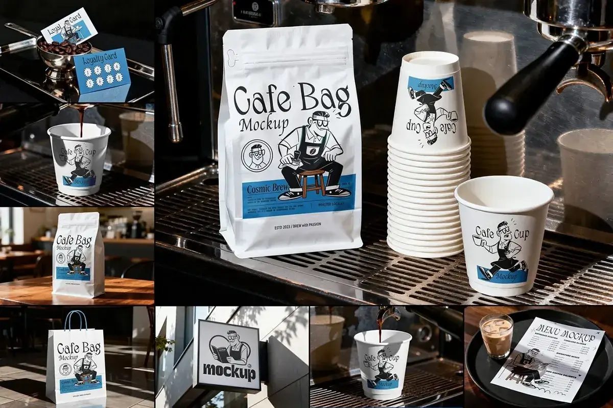12款咖啡店品牌VI纸杯包装手提袋店招设计作品展示效果图ps样机 Cafe Branding Mockup