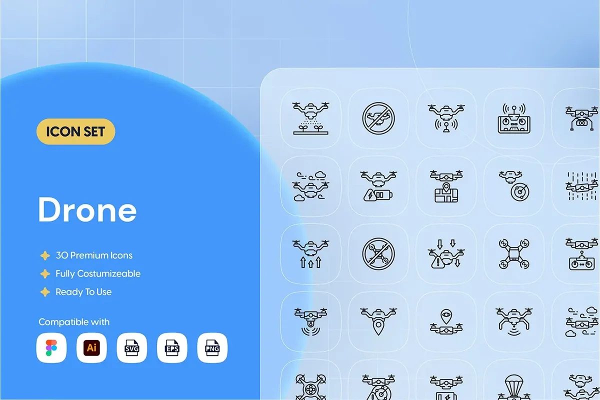 低空经济无人机技术无人机作业icon线性图标矢量素材 Outline Drone Icon Set