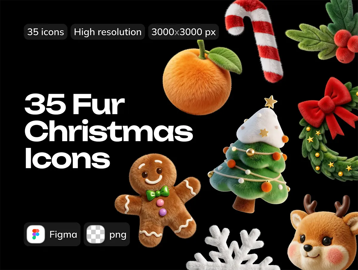 35款3D卡通圣诞节装饰毛绒玩具公仔冬季icon图标png免抠图片素材 Christmas 3d Fur Plush Icons
