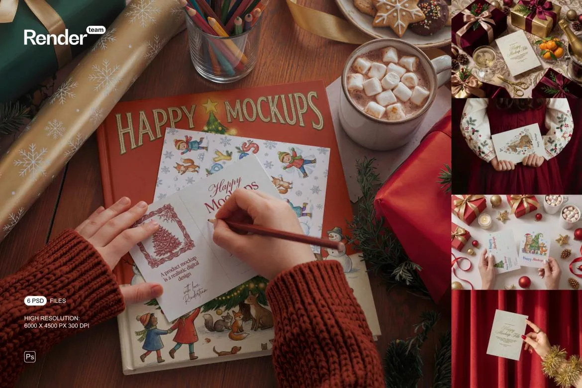 6款手持圣诞节新年贺卡明星片请柬卡片场景展示效果图ps样机素材 Christmas Card Mockup Set