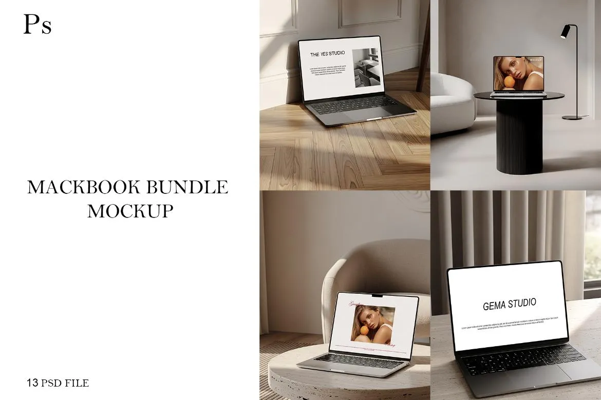 13款优雅侘寂风客厅软装Macbook笔记本电脑Ui展示效果图ps样机 MACBOOK MOCKUPS BUNDLE