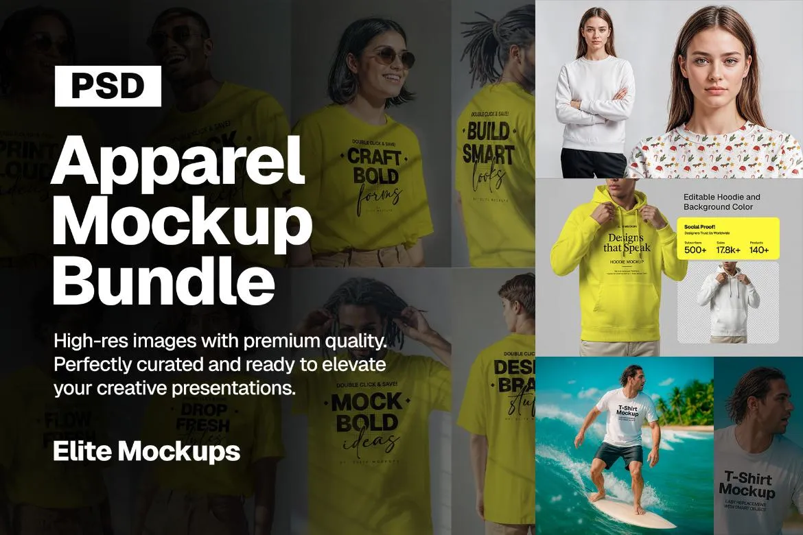 高级服装样机装套装——连帽衫、T 恤、卫衣和毛线帽（高端 PSD 套装） Premium Apparel Mockup Bundle – Hoodies, T-Shirts, Sweatshirts & Beanies (High-End PSD Pack)