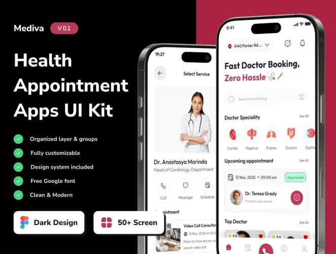 50+屏在线移动医疗问诊预约日程安排用户界面app设计ui套件模板 Mediva – Health Appointment Mobile App UI Kits