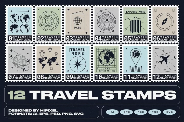 12张旅行旅游主题印章邮票插画矢量设计素材 12 Travel Stamps