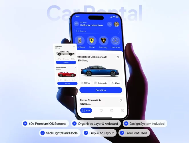 租车应用界面 Figma iOS UI 套件 vroom – Car Rental App UI Kit