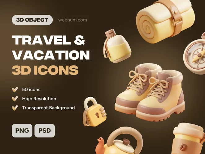 50款3D立体趣味卡通露营旅行度假旅游插图插画png免抠图片素材 Travel & Vacation 3D icons set