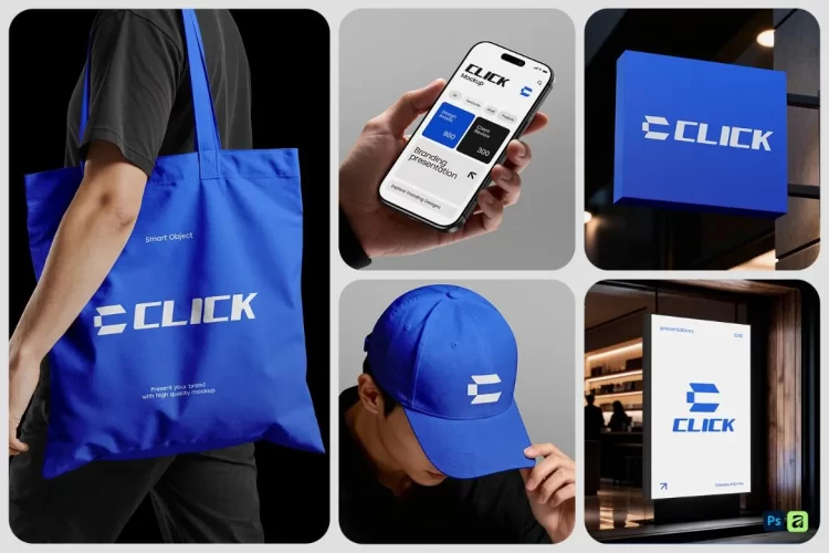 鸭舌帽帆布单肩包iPhone手机店招灯箱广告牌VI应用设计ps样机素材 Branding Identity Mockup Set