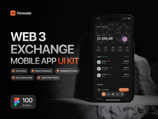 100屏双配色Web3区块链加密货币金融交易钱包App应用UI界面模板 Web3 Crypto Mobile App UI Kit – Finovate