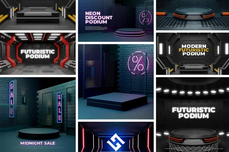 创意酷炫机械金属质感产品海报广告展示展台PSD设计素材 Cool mechanical booth