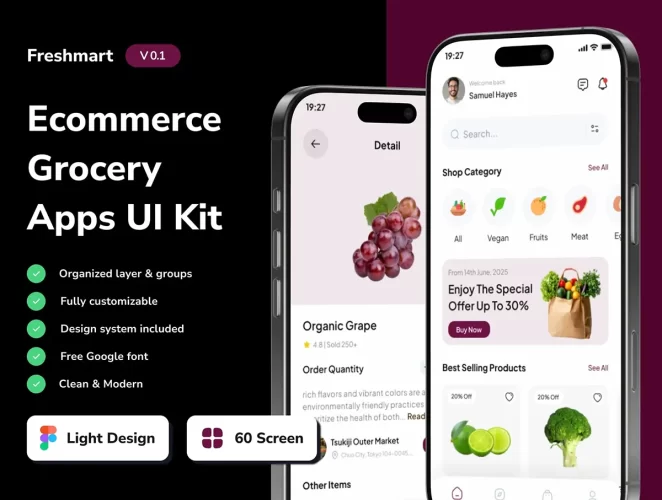 60屏电子商务杂货移动应用界面套件 Freshmart – Ecommerce Grocery Mobile App UI Kits