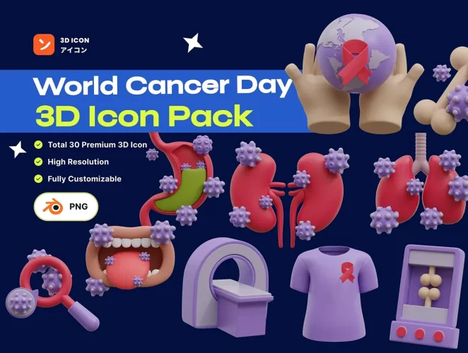 30款医疗卫生世界癌症日宣传主题3D图标icon设计素材png免抠图片 World Cancer Day 3D Icon