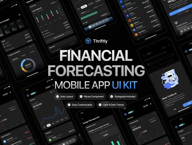 90屏双配色金融交易财务投资理财数据分析App应用UI界面设计模板 Finance Mobile App UI Kit – Thriftly