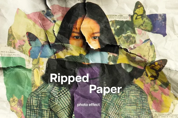 撕纸海报情绪版照片ps特效预制模板样机素材 Ripped Paper Photo Effect