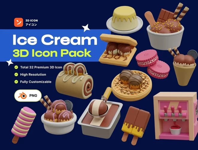 32款3D卡通冷饮冰淇淋雪糕冰棍甜品蛋筒插图插画png免抠图片素材 Ice Cream & Desserts 3D Icon