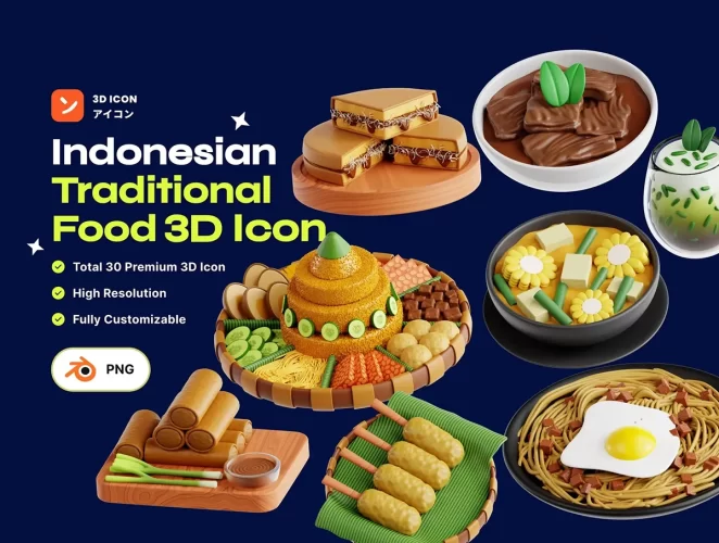 30款亚洲美食与街头小吃印尼传统美食 3D 图标包 Indonesian Traditional Food 3D Icon pack
