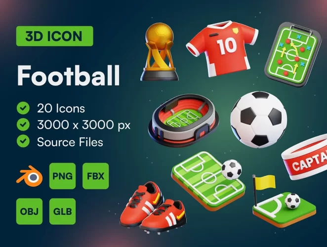 20款足球运动主题3D图标icon设计素材png免抠图片 20 Football 3D Icon Set