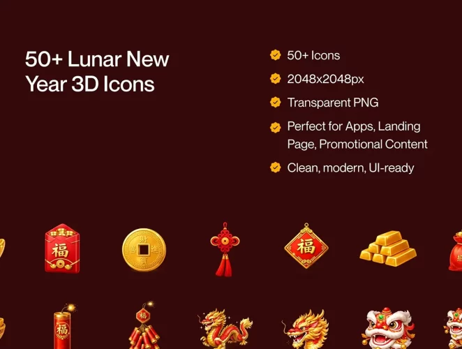 67款3D中国传统新年春节元宵吉祥祝福icon图标png免抠图片素材 Chinese New Year 3D Icon Pack – Prosperity & Celebration