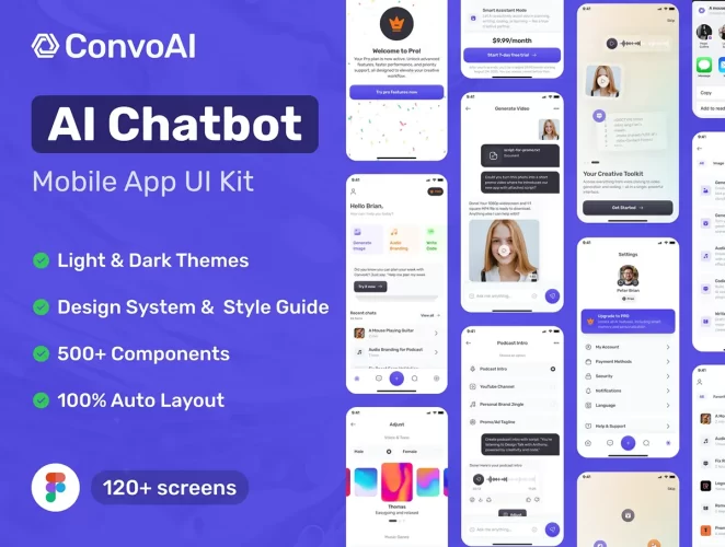 120屏Ai人工智能机器人聊天应用app设计用户界面ui套件模板 ConvoAI – AI Chatbot Mobile UI Kit