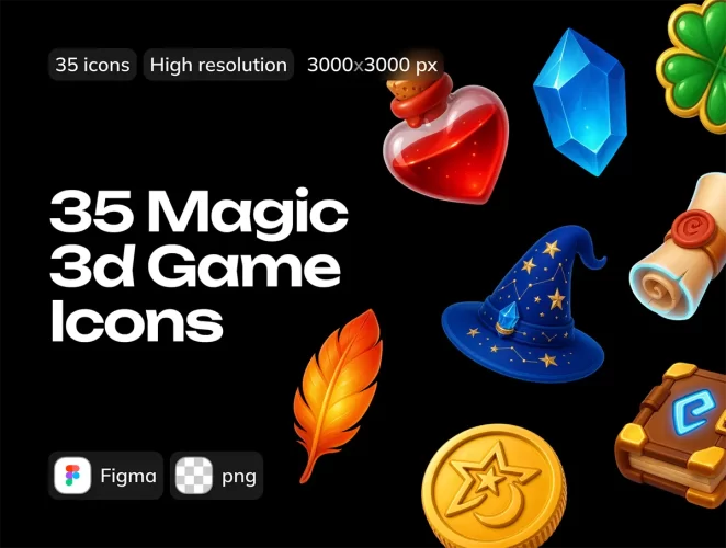 35款3D卡通RPG街机游戏装备道具插图插画icon图标png免抠图片素材 Magical 3d Game Icons