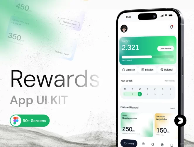 50+屏积分系统抽奖积分奖励忠诚度移动 UI 工具包 Rewards & Loyalty App UI Kit