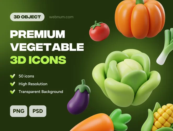 食品应用与健康设计项目的高级蔬菜 3D 图标 Premium Vegetable 3D icons