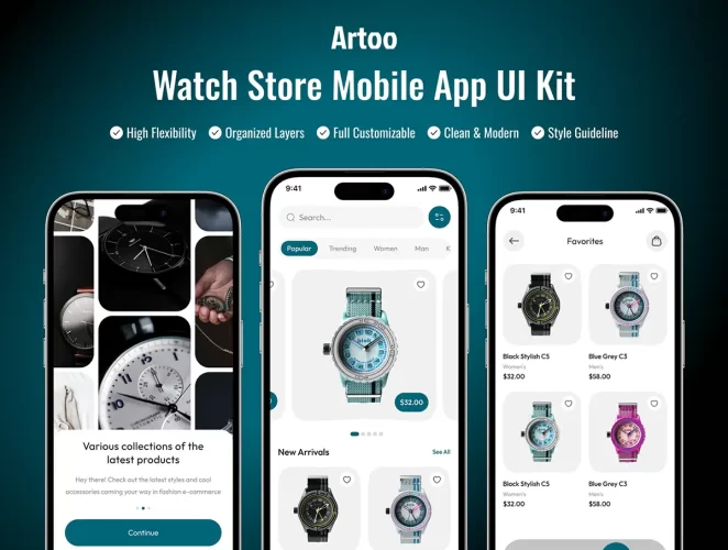 手表腕表商城网上购物电商app设计用户界面ui套件明暗主题模板 Artoo – Watch Shop App UI Kit