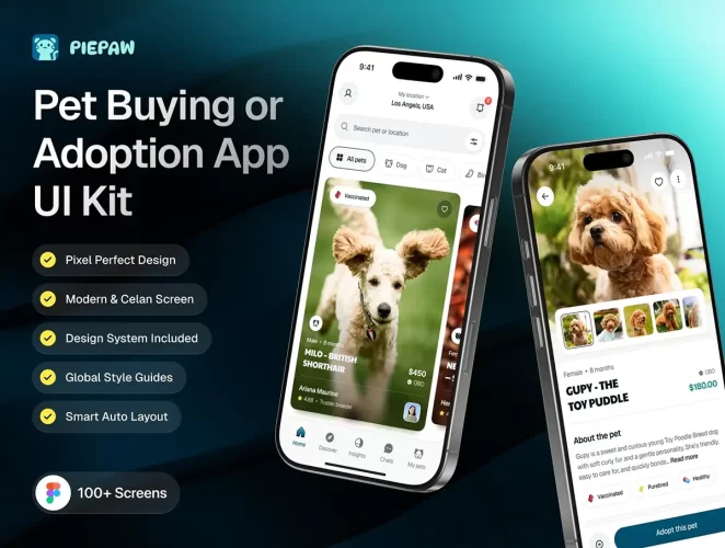 100+屏宠物购买或领养应用 UI 套件 Piepaw – Pet Buying or Adoption App UI Kit